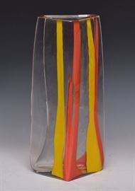 Abbey Modell Art Glass Vase
orange and yellow stripe design, triangle
shape. 16 1/2" tall, signed