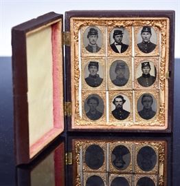 Civil War Photographic Images
cased group of 9 Civil War portraits
each portrait 1" x 1"
overall case size 4" x 3 1/4"