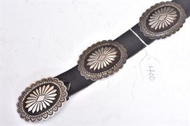 Navajo Silver Concho Belt
with eight concho, each 3" long
by John Platero
36" long leather belt