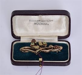 Russian 14k Gold Floral Brooch
set with semi-precious stones
2" long, 4.2 dwt gross