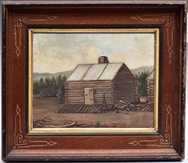 American School "Civil War"
Union Encampment
8" x 10" oil on canvas, unsigned
featuring what is probably an
ammunition bunker