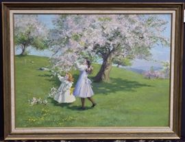 attributed to Burr Sisters	
Fannie and Jennie Burr
Picking Apples
23" x 30 1/2" oil on board
unsigned