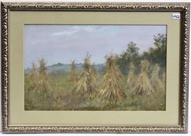 attributed to Burr Sisters	
Fannie and Jennie Burr
Hay Stacks
9 3/4" x 16" oil on board
unsigned