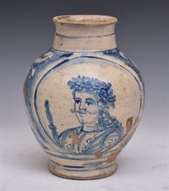 Italian Faience Blue and White Portrait Jar
10" high
18th century