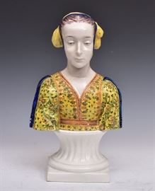 French Faience Female Bust
with plinth
11 1/4" high bust, 16 3/4" high overall
early 20th century