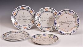 Set of Five French Faience Plates
each with inscription
9 1/2" diameter
late 19th/early 20th century