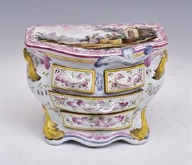 French Faience Miniature Chest of Drawers   6" high
early 20th century