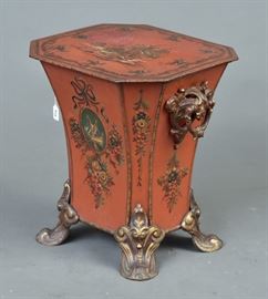 Paint Decorated Tole Scuttle
with gilt metal mounts
19 1/2" wide, 21 1/2" high
mid-19th century