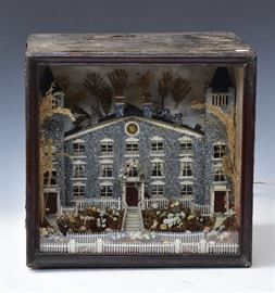 English Whimsy Box
possibly depicting a Girl's finishing school
decorated with seashells and dried grasses
15 1/2" x 12", 15" high
early to mid-19th century
