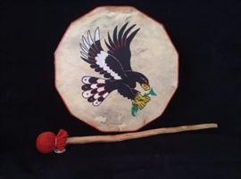 D. August Painted Hide Drum And Drumstick 
