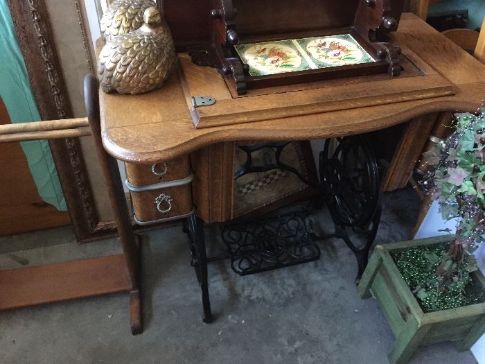 Antique oak sewing machine table