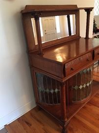 Sideboard buffet.  Antique oak, mirrored, stained glass