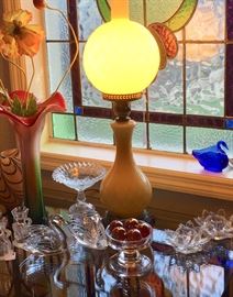 Antique lamp.  Waterford swans, Crystal bowls