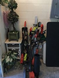 Yard equipment.  Edger, weed eater, battery weed eater, battery hedge trimmer, electric bush trimmer
