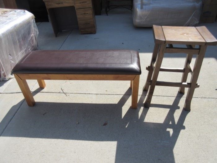 Beautiful leather sturdy bench, and wooden stool