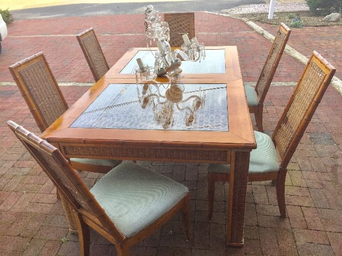 Wood, Bamboo & Rattan Dining Table & 6 Chairs with Antique Crystal Chandelier