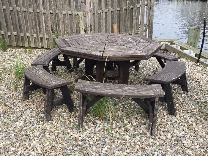 Nicely Weathered Heavy Solid Wood Picnic Table Set