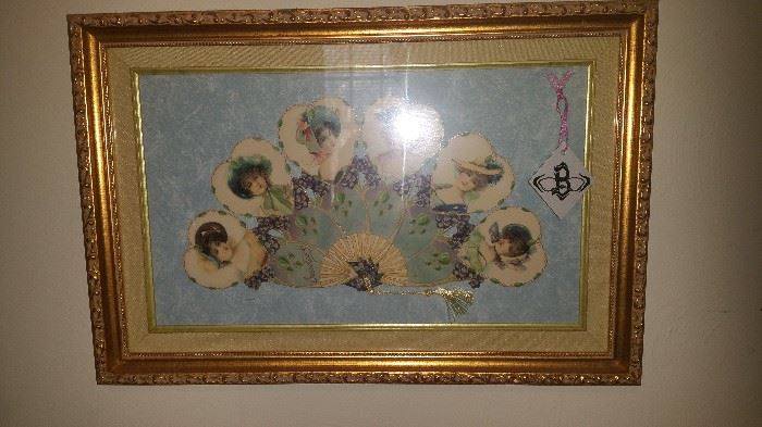 Framed Victorian ladies hand fan.