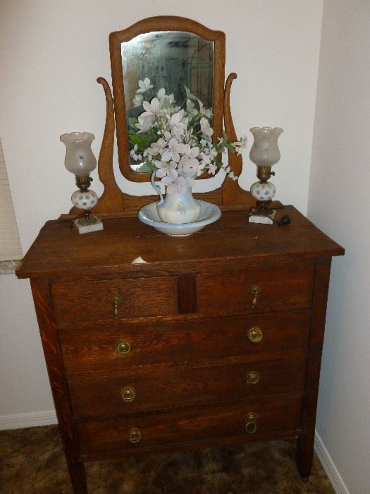Early Dresser with mirror, Cut to Clear Glass Lamps