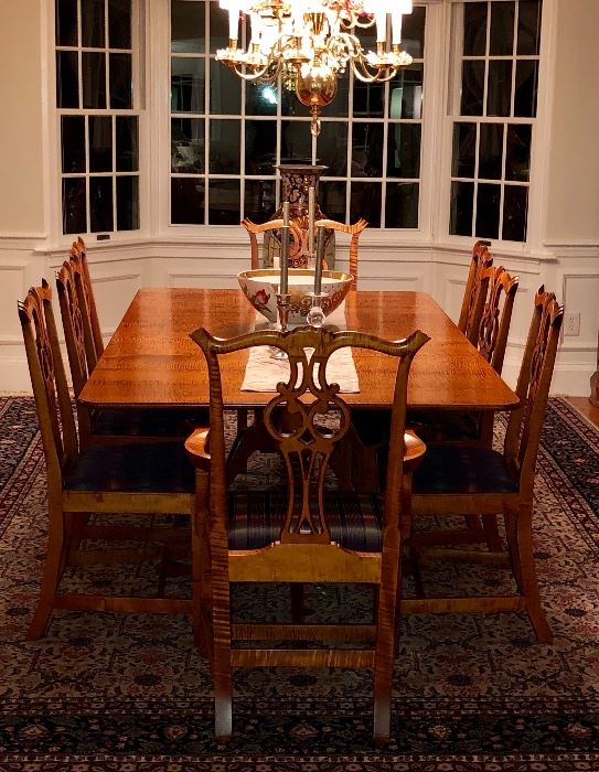 D.R. Dimes Lexington double pedestal tiger maple dining table with D.R. Dimes Chippendale style dining chairs. There are 10 chairs - 2 arm chairs and 8 side chairs. 
