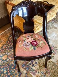 Antique Walnut Empire Sabre Leg Chair W/Carved Crest= Needlepoint Seat
