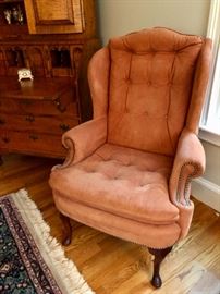 Tufted arm chair with cabriole legs - upholstered in suede - nail head trim accent