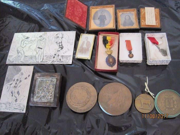 Selection of medals, photos, printing plates