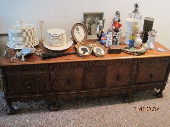 long cabinet with interesting items!!! Powder Horn, Bobble Head and more
