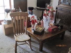Oak coffee table, nice small rocker, Christmas