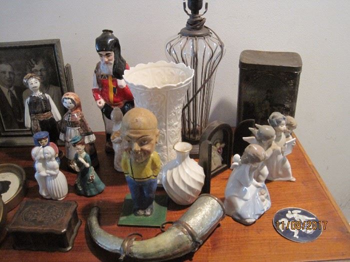 LLadro, powder horn, Bobble Head, Lenox Vases, carved wood box, antique tin