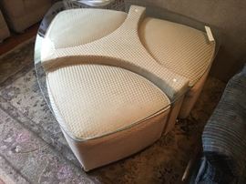 Unusual coffee table - triangle design- glass top with 3 stools for addition seating. Great shape! Good condition & one of a kind conversation piece