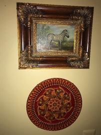 ZEBRA OIL ON CANVAS PAINTING / FOLK ART PAINTED PLATE