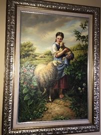 ORIGINAL OIL ON CANVAS GIRL WITH LAMB PAINTING