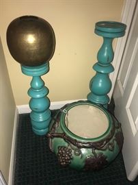 TURQUOISE SHABBY CHIC CANDLE HOLDERS AND FLOWER PLANTER