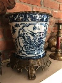 BLUE POTTERY PLANTER  WITH SOLID BRASS STAND