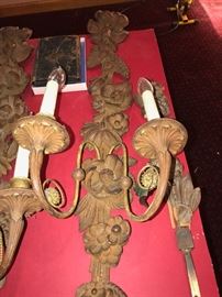 ANTIQUE CARVED WOOD CANDLE WALL SCONCES FROM DETROIT MANSION