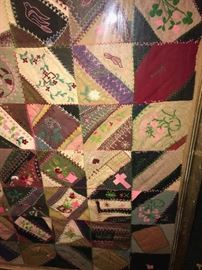 ANTIQUE VICTORIAN CRAZY QUILT FRAMED WITH PLEXIGLASS