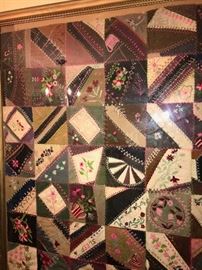 ANTIQUE VICTORIAN CRAZY QUILT FRAMED WITH PLEXIGLASS