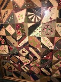 ANTIQUE VICTORIAN CRAZY QUILT FRAMED WITH PLEXIGLASS