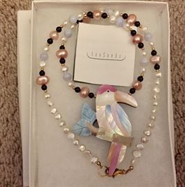 Lee Sands fresh-water pearl necklace with Mother of Pearl parrot pendant 
