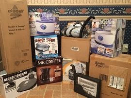Bissell steam mop, SteamFast in box, plus kitchen appliances