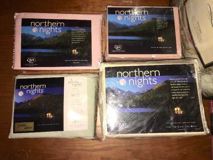 Northern Nights 500-thread-count cotton sheet sets (there are about 35 packages, in different solid colors, most size king, but some queen and twin)