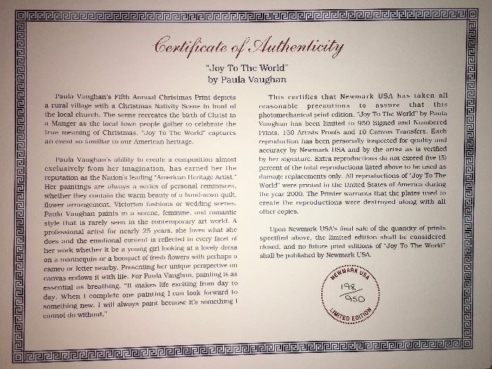 Paula Vaughan "Joy to the World" print certificate of authenticity