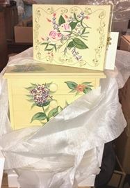 Painted trinket, safe-keeper jewelry boxes and chests in original boxes 
