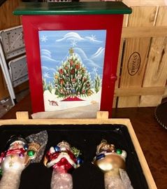 museum glass ornaments and front view of painted wood advent box