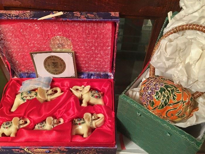 Faux-ivory decorative elephant set and cloisonne teapot