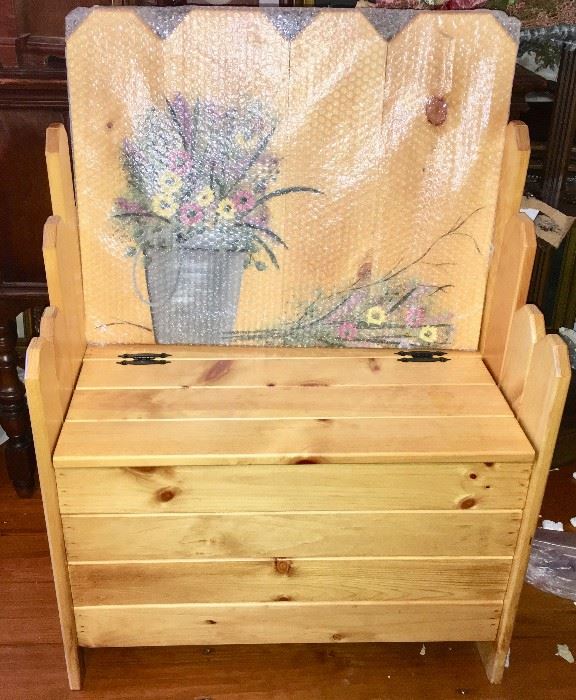 Storage bench with painted-flower back awaiting final assembly and Christmas-morning surprise (original box and packaging available)