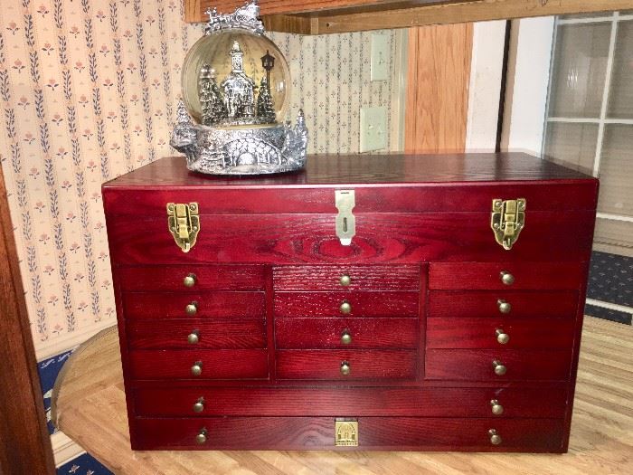Cherry machinists' chest, new, and musical Christmas globe, new