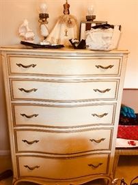 Drexel French style chest / milk glass lamps /infant of prague