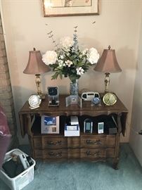 drop leaf server by Thomasville, vintage lamps and small clock collection